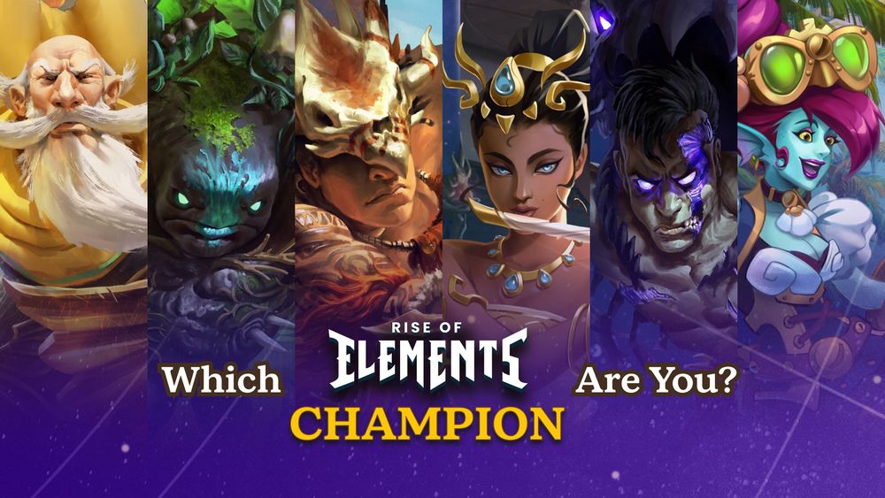 Image features 6 portraits of different Rise of Elements characters with the caption "Which Rise of Elements Champion Are You?"