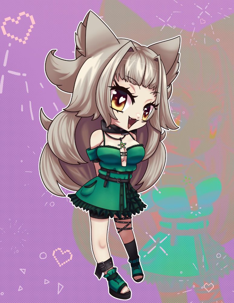 Cute chibi wolf girl in green outfit smiling