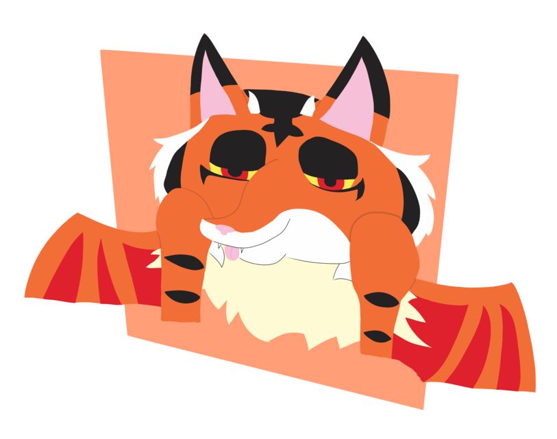 A drawing of a headshot of a anthropomorphic tiger with dragon wings. She has her tongue out and leans her head on her hands. Her eyes are yellow with red irises and they are half closed. She has horn on her head and light yellow fluff below her chin.