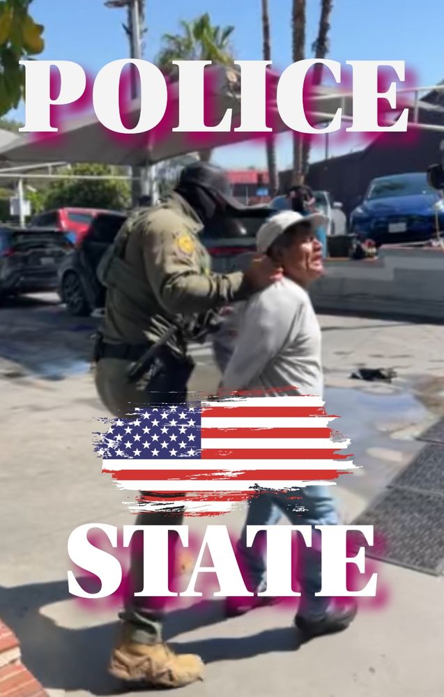 Still photo of a video of ICE hauling off a man from a local car wash, with the words POLICE STATE