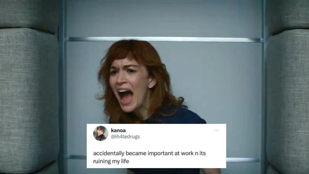 Helly R, a white woman with red hair from the tv show Severance, is screaming. On top is a tweet from kanoa (@h4tedhugs) saying “accidentally became important at work n its ruining my life”