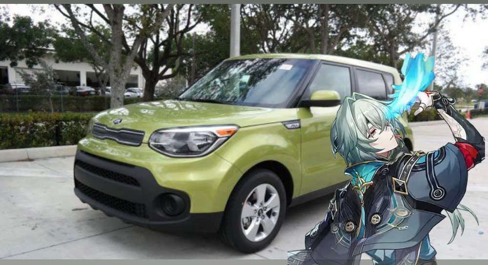 Anaxa from the video game Honkai Star Rail is badly pasted in front of a Kia soul. He’s telling you “TO THE SOUL!”