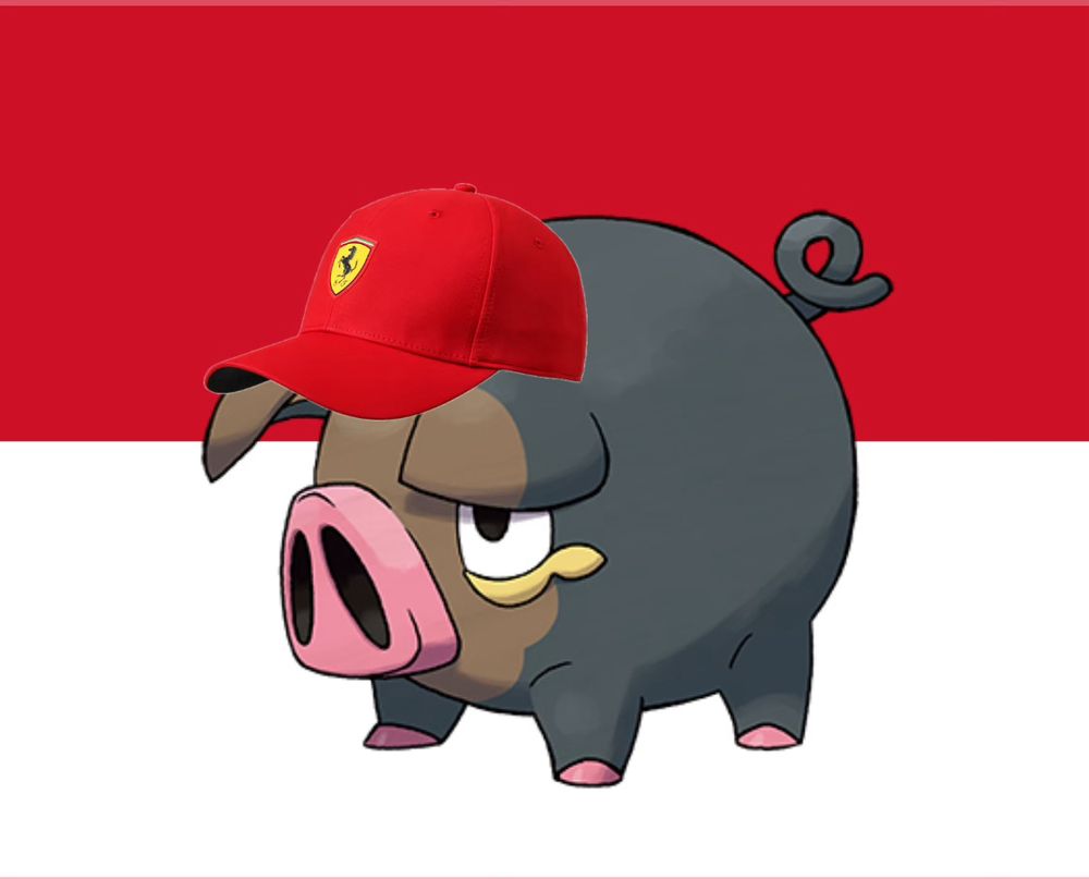 The pokemon Lechonk, wearing a red Ferrari cap and standing in front of a Monegasque flag.