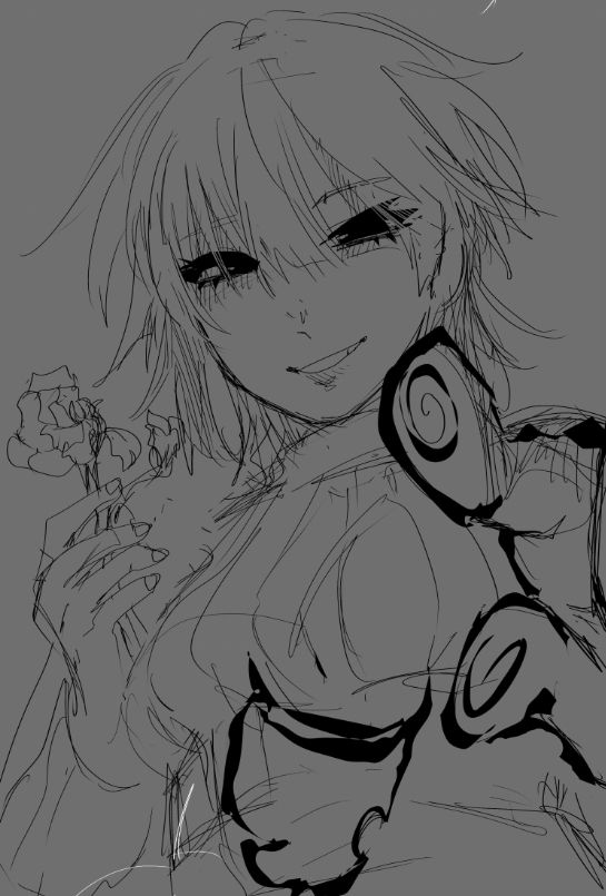 A sketch on a gray canvas of a girl(Hotaru Izumi from Falling From Cloud Nine) smiling and holding a flower she plucks a petal from.