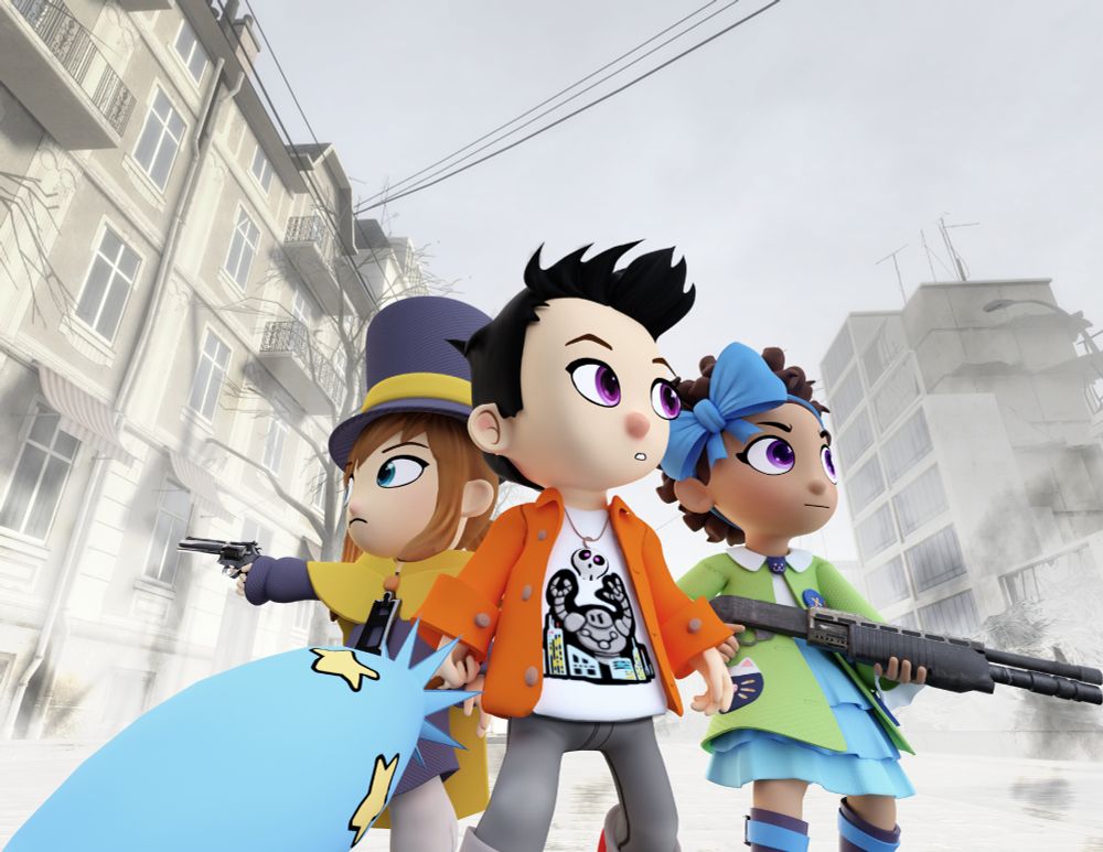 Timmy, Hat Kid, and Bow Kid from left to right holding a 357, umbrella, and shotgun respectively.