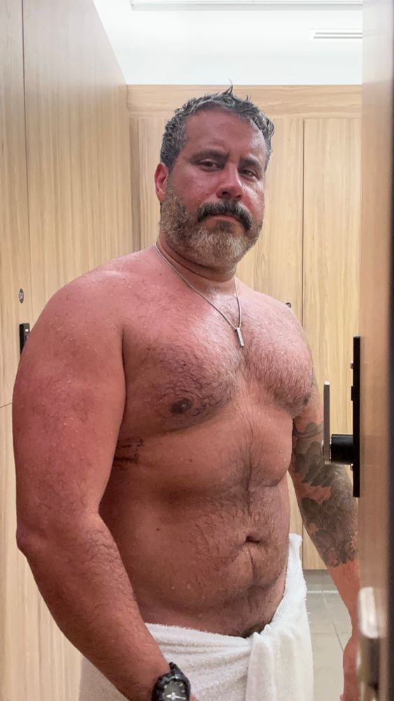 A sweat, red me wearing only a towel at the gym locker room, and wondering if I left the oven on at home. 