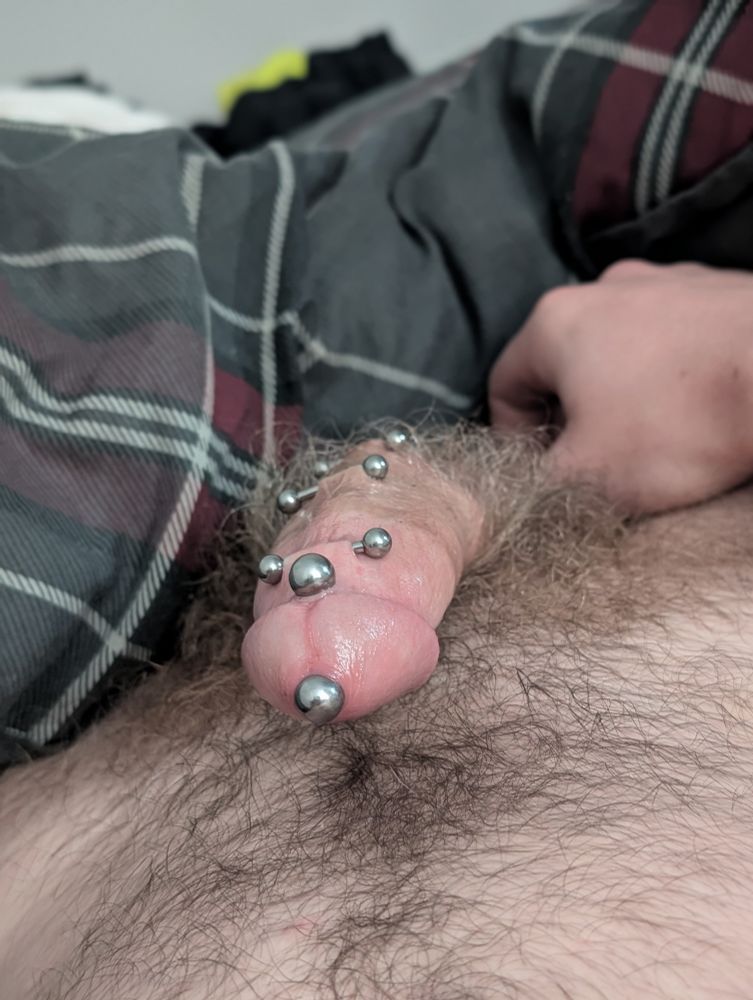 My dick, no longer held away, flopped back to its rightful position against my fuzzy tummy. The piercings are better shown off this way.