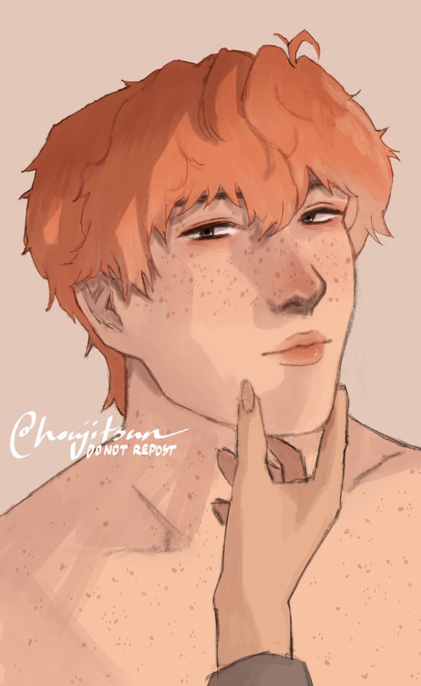 bust drawing of conrad with a person's hand tilting his head up to look at them. conrad has ginger hair, brown eyes, and freckles across his face and neckline.