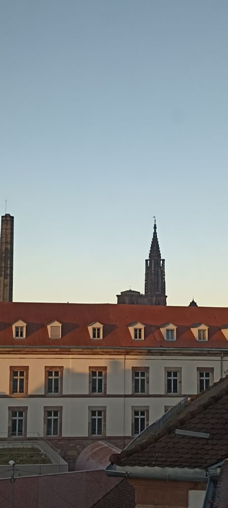 Où l'on voit la flèche de la cathédrale de Strasbourg derrière un bâtiment qui est l'ancienne manufacture de tabac reconvertie en fac et centre culturel ! Ciel bleu d'hiver, un peu jeune vers le bas ...