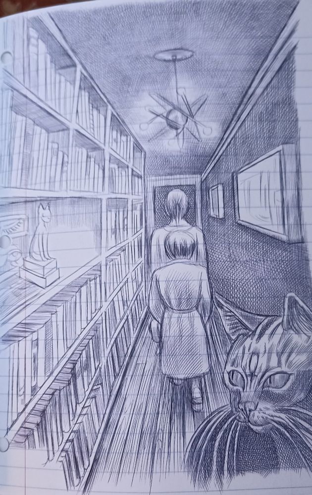 Bibliothèque, 2 personnes à la queue leu leu, tête de chat au premier plan. dessiné par Emil Ferris, au stylo bic 