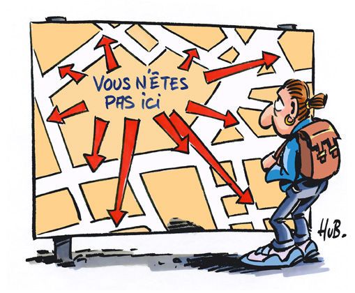 un plan avec "Vous n'êtes pas ici" (Dessin de Hub)