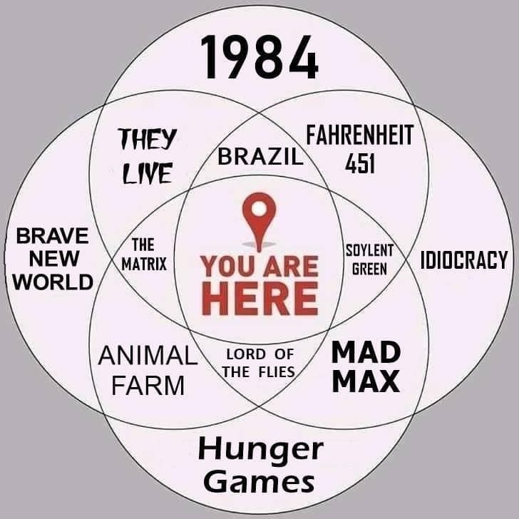 Vous êtes ici (entre 1984, idiocracy, brave new world, hunger games)