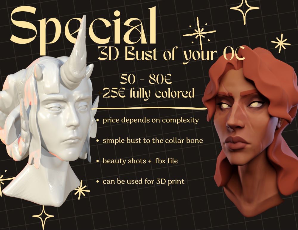 special 3d bust of your oc 50 - 80€ +25€ fully colored price depends on complexity simple bust to the collar bone beauty shots + .fbx file can.be used for 3d print