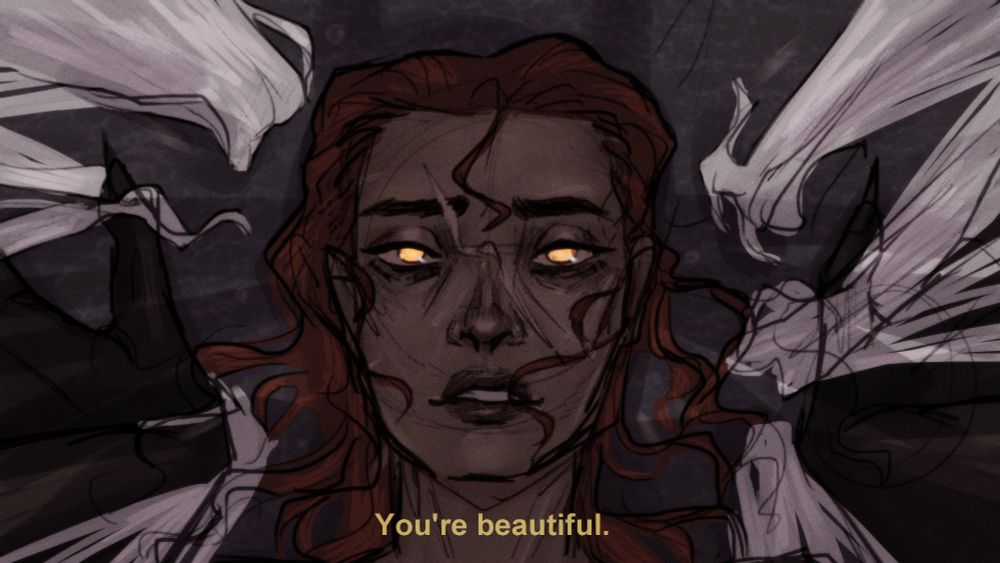 digital painting on hadriel, a woman with red hair and glowing golden eyes. she is also wet, it looks as if it's raining and someone is over her. under the picture there's subtitles that read "you're beautiful" 