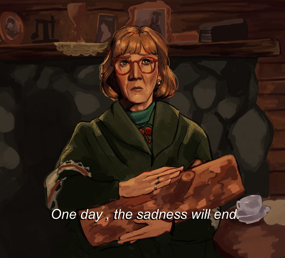 log lady from twin peaks with the caption "one day, the sadness will end" 