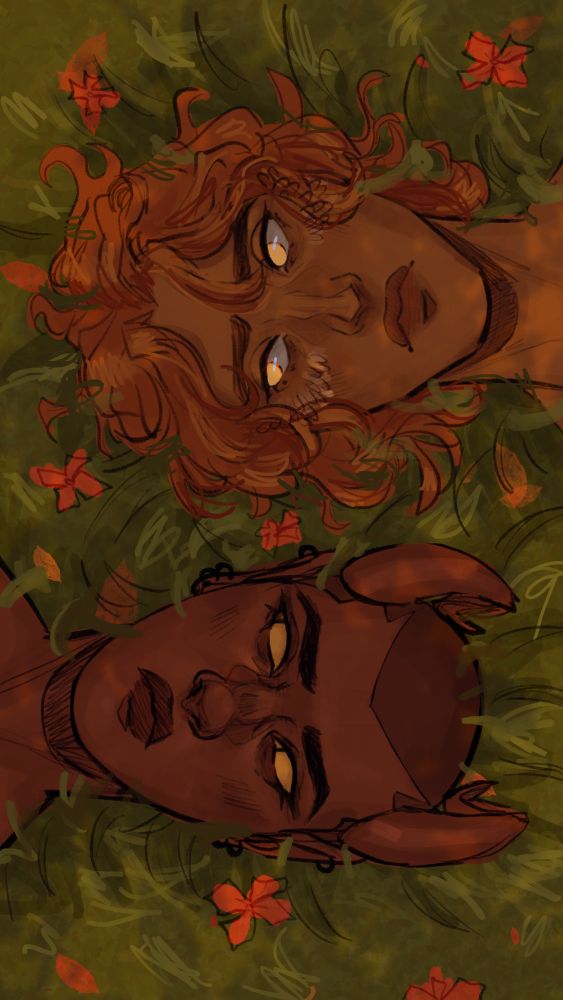 hadriel and mal lying on a field looking at each other
