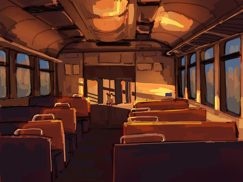 sunset scene in a train wagon
