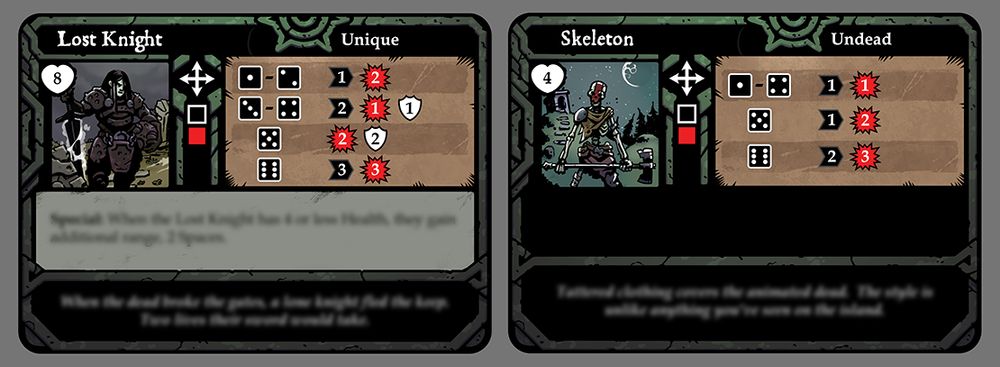 Mock-ups of a couple of work-in-progress cards for the solo ttrpg RUNE: one for the Lost Knight and the other for the Skeleton.  They don't look great, candidly!