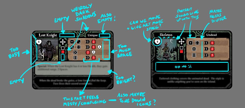 The same mocked-up cards, this time marked up with blue text to highlight some of the many shortcomings of this iteration of these cards.  These include:
- making note of awkward empty spaces
- areas where border art is too busy/drawing attention
- suggestions to introduce greater clarity by organizing the movement/attack/block icons in a consistent way