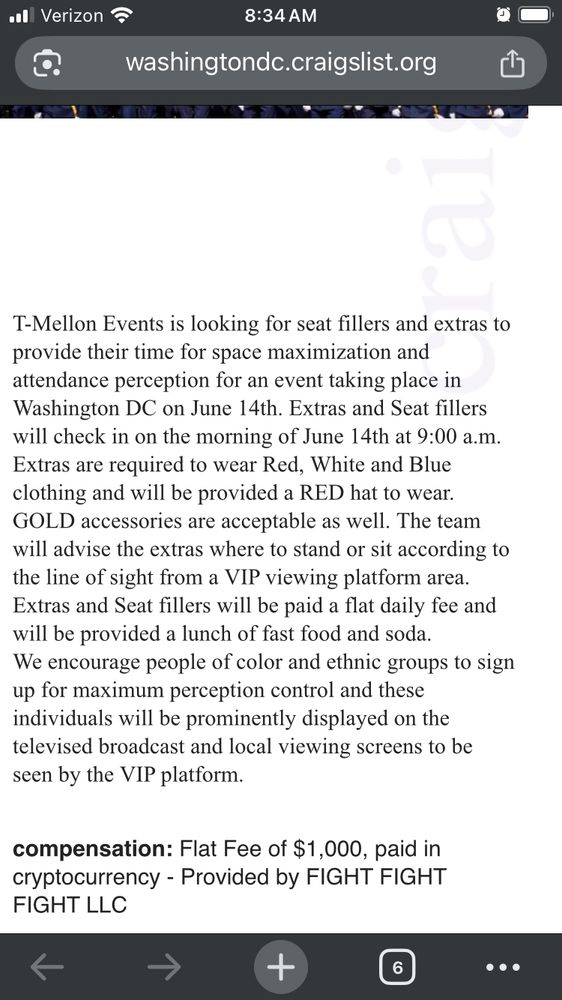 Screenshot of a Craigslist ad offering 1000 paid in cryptocurrency for 'Extras and Seat fillers' for 'attendance perception' in Washington DC of June 14th