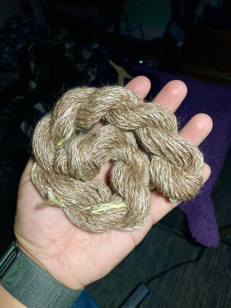 A hand holding a skein of yarn. The yarn is a light brown color with a metallic luster.