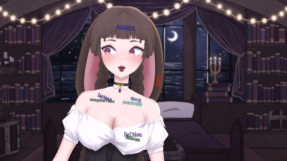 A cute smiley vampire bunnyghoul covered in people's usernames in a cute purple bedroom with a view of the ocean.