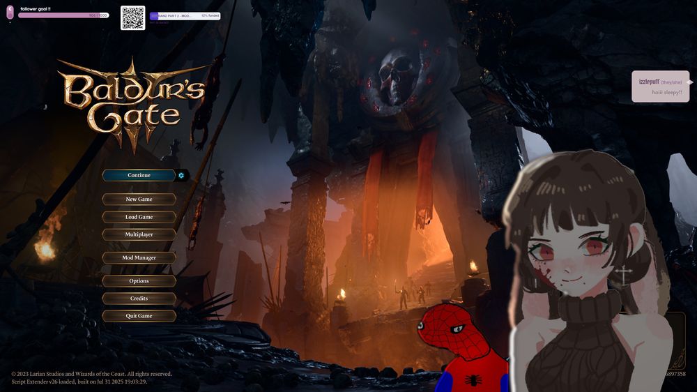 A spooderman and bunnyghoul sit in front of the BG3 starting screen