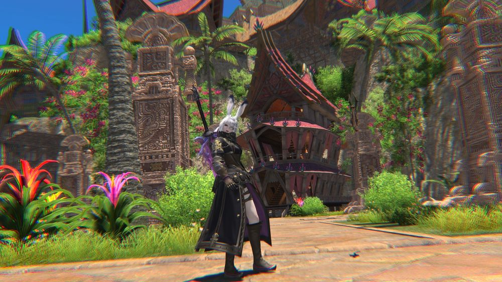 A very cool viera dark knight, leaning with the camera in front of a part of Tuliyollal in FFXIV.