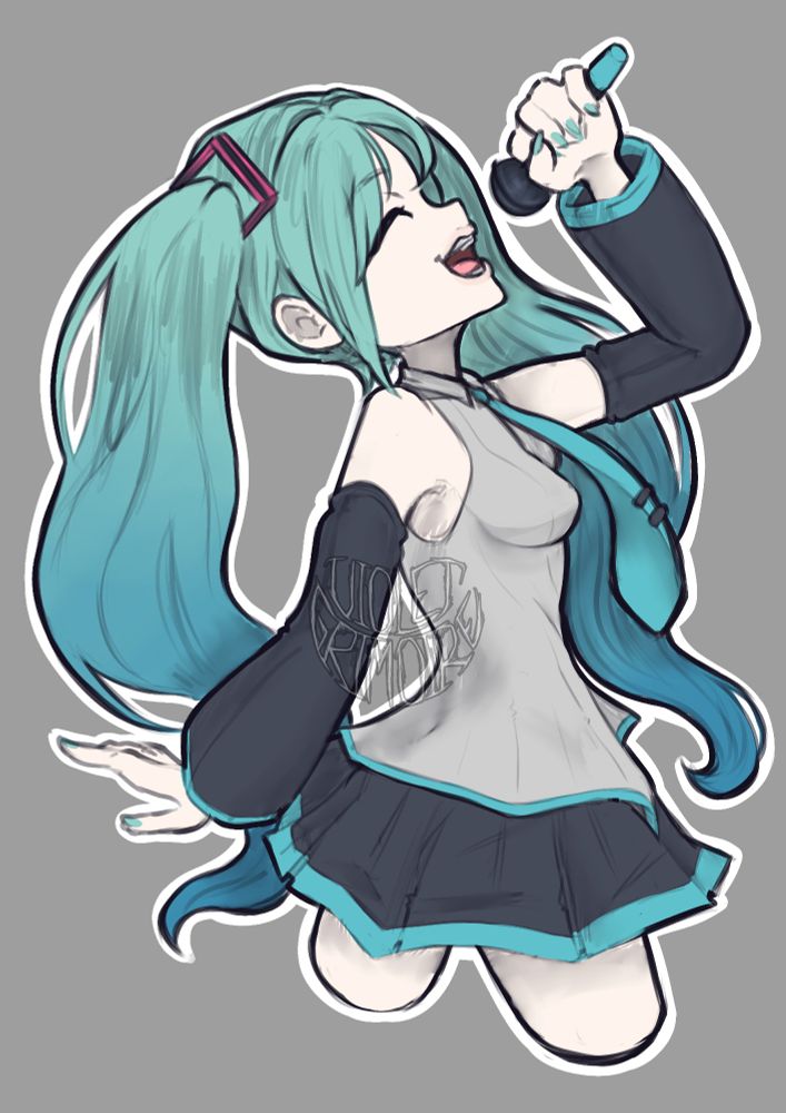 hatsune miku in side profile singing up into a microphone she is holding