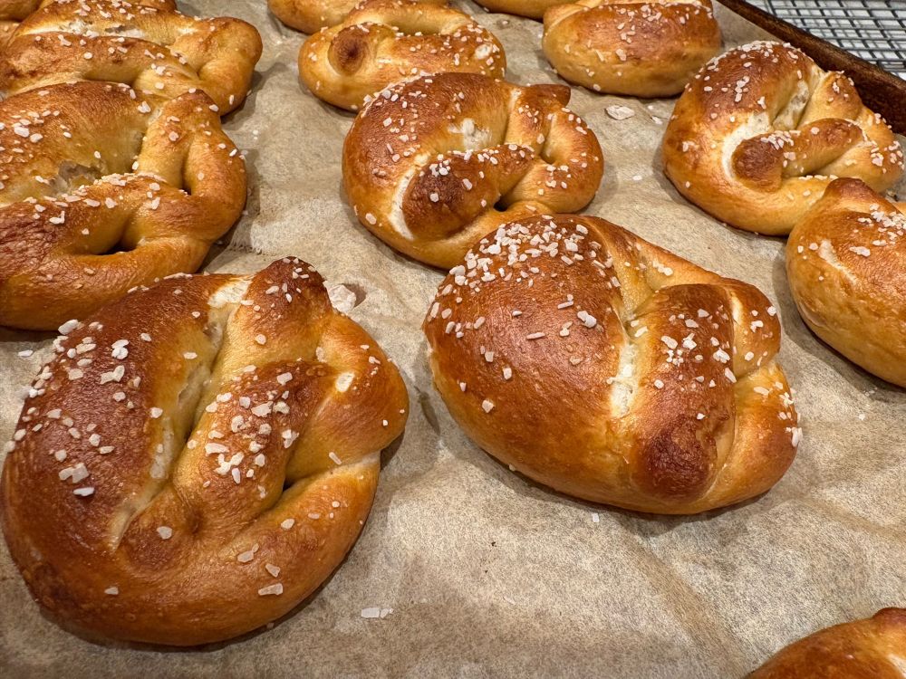 homemade Bavarian pretzels, right out of the oven. Yum. 