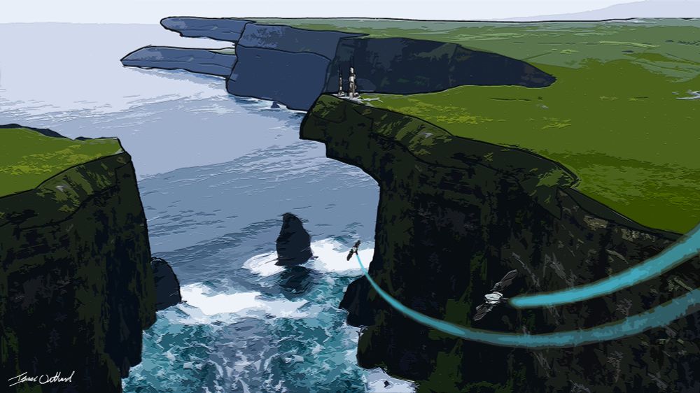 Two futuristic spacecraft soar over a blue ocean in a canyon lined with majestic green cliffs. A sweeping misty and verdant landscape is touched with the clean and careful advancement of humankind as they explore new horizons. 