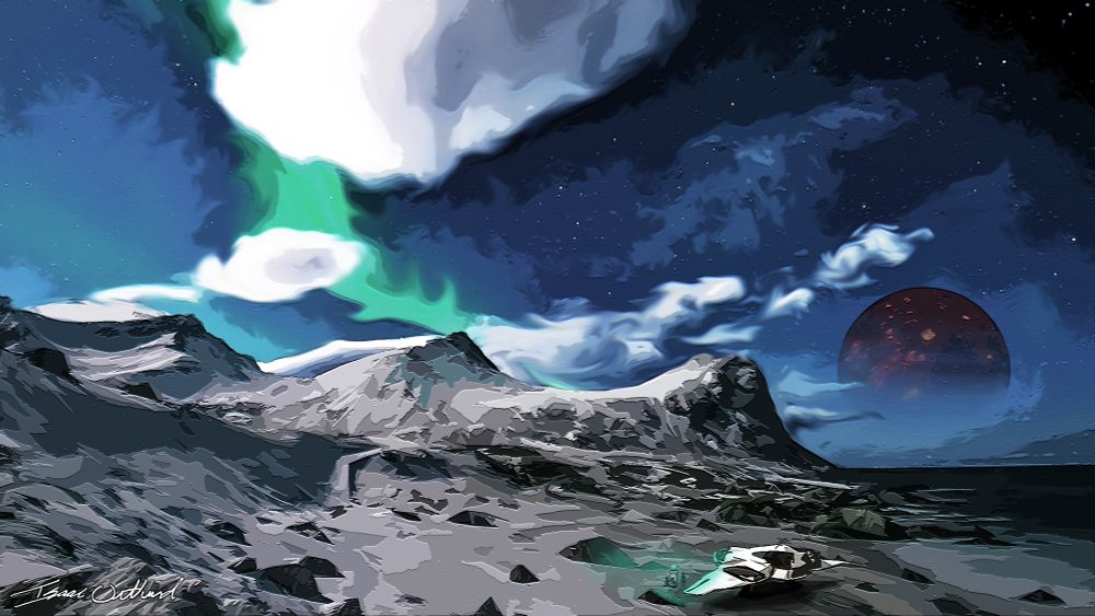 A white and gray landscape of cold ice, snow, and stone stretches into a horizon under a sea of stars on a clear night. A lone explorer sets up camp near his ship while a red planet orbits the alien world in the dark sky. 