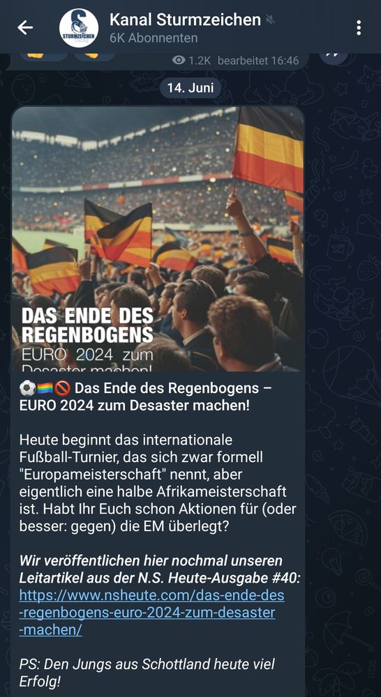 Screenshot Telegramm "Kanal Sturmzeichen". Ein offenbar mit KI erstelltes Bild, das Menschen in einem vollen Stadion zeigt. Sie schwenken schwarz-gold-rote Fahnen. Das Bild hat die Aufschrift "Das Ende des Regenbogens - Euro 2024 zum Desaster machen!"

Darunter wird für einen Text in der Neonazis-Zeitschrift "NS Heute" geworben.