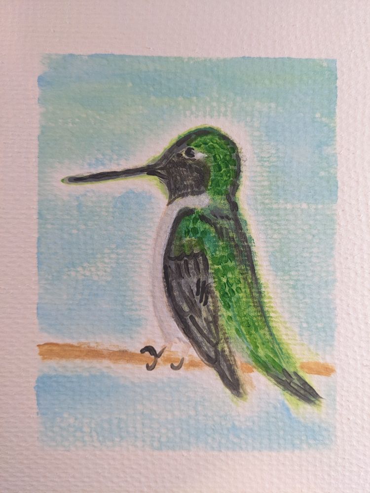 an acrylic painting on textured paper of a ruby-throated hummingbird. it is a very tiny bird with a long thin beak, perched on a twig