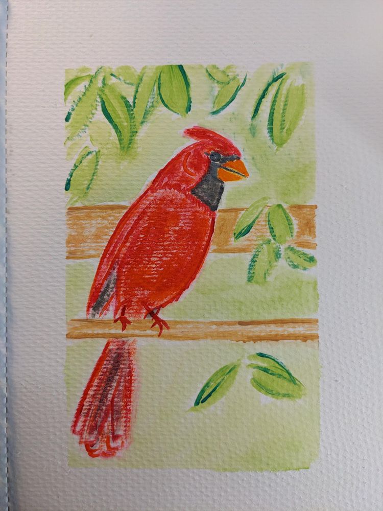 an acrylic painting of a cardinal, a red bird with a thick, short orange beak, sitting on a twig among the leaves