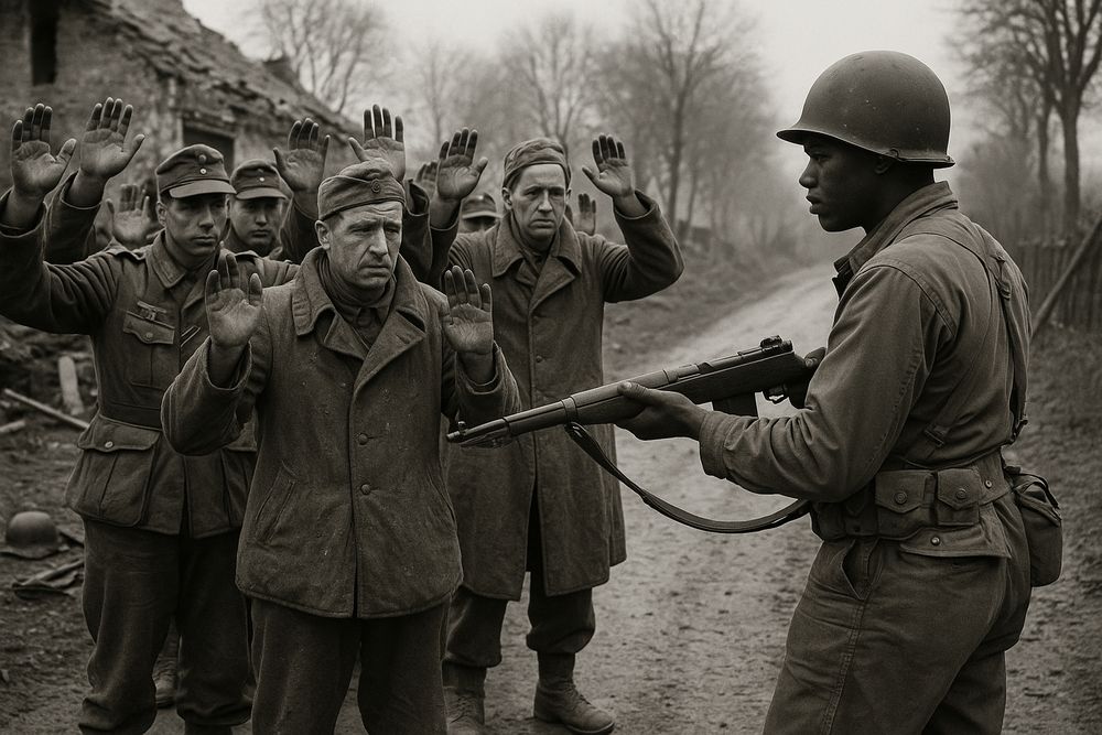 Schwarzweißabbildung: 1945: Ein afroamerikanischer US-Soldat zielt mit Gewehr auf eine Gruppe deutscher Wehrmachtssoldaten, die mit erhobenen Händen auf einer schlammigen Landstraße stehen; im Hintergrund zerstörte Gebäude und kahle Bäume.