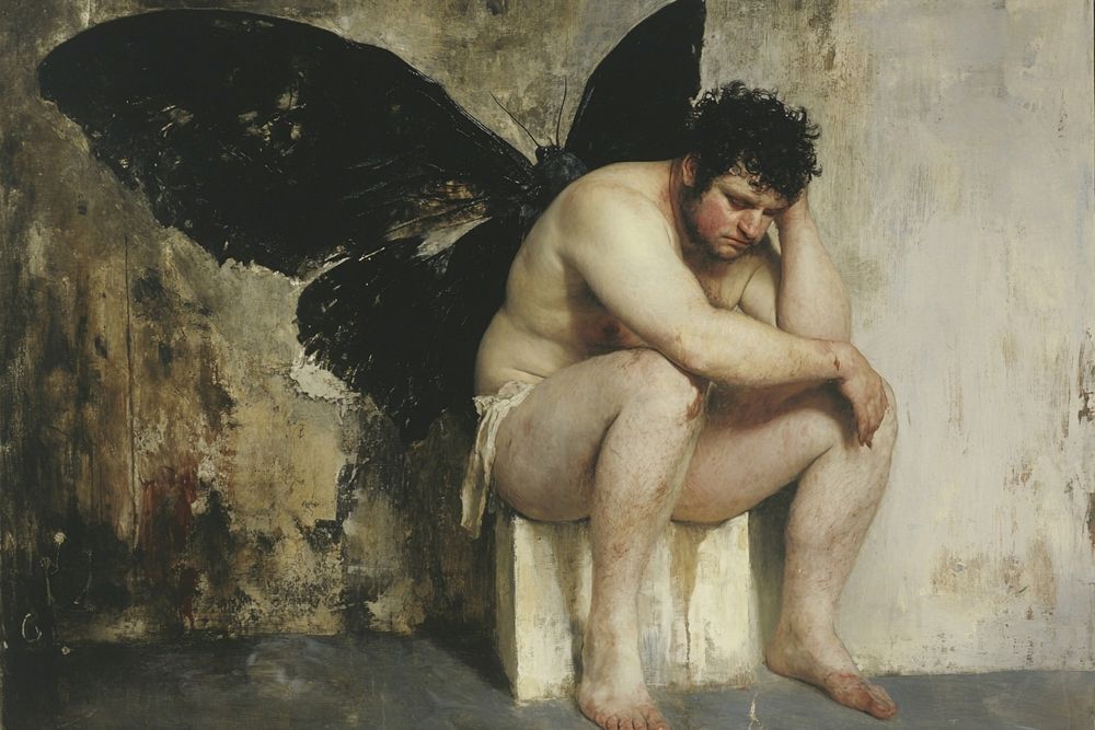 In melancholischer Denkerpose sitzender Mann, hinter dem ein riesiger schwarzer Falter die Flügel ausbreitet.