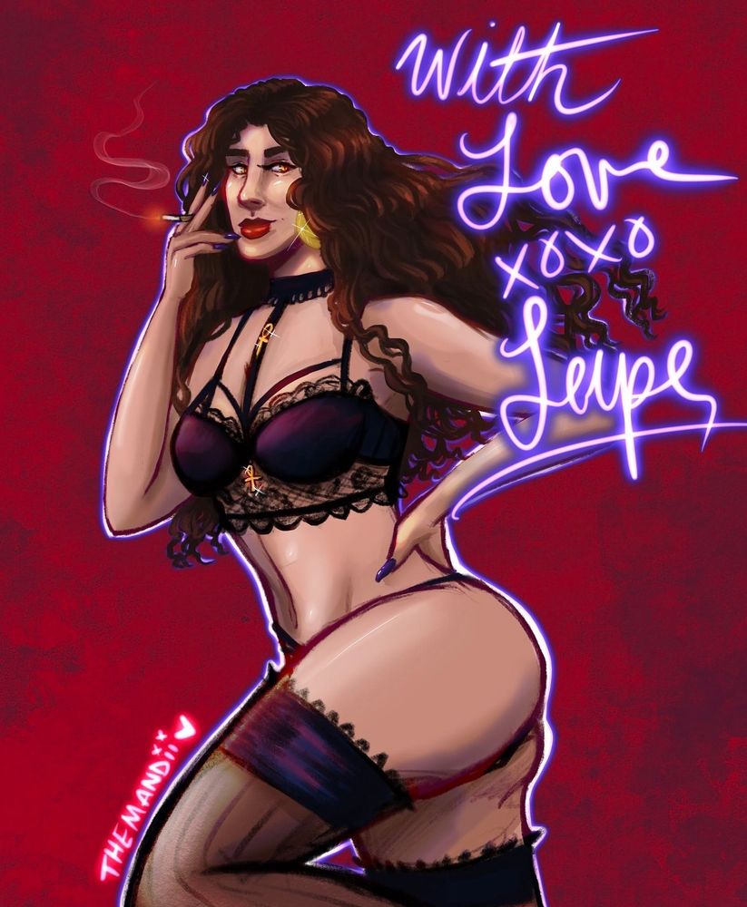 Visual description: Vampire woman holding a cigarette and posing in lacy ankh charmed black lingerie wearing gold earrings. She has long curly brown hair and snake like eyes. There’s writing over the image that says “with love, xoxo Lupe”

Keys: VTM, Vampire the Masquerade, Clan Ministry, Setite, Art, Digital Art, Procreate, Artist, character art, OC, illustration, sketch, doodle 