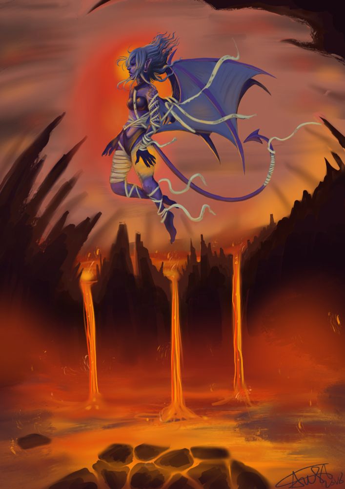 painting of a feminine demon flying over lava pits in a hellscape. The demon has tattoos, wings, and a long tail and has mummy-like wraps coming off of her body as she flies.