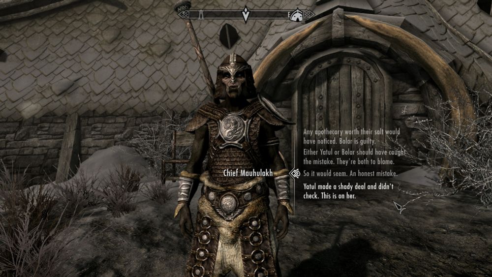 The player approaches Chief Mauhulakh of Narzulbur and can talk to him about many topics, such as asking about his Orc stronghold or accusing his aunts of being guilty of some crime.