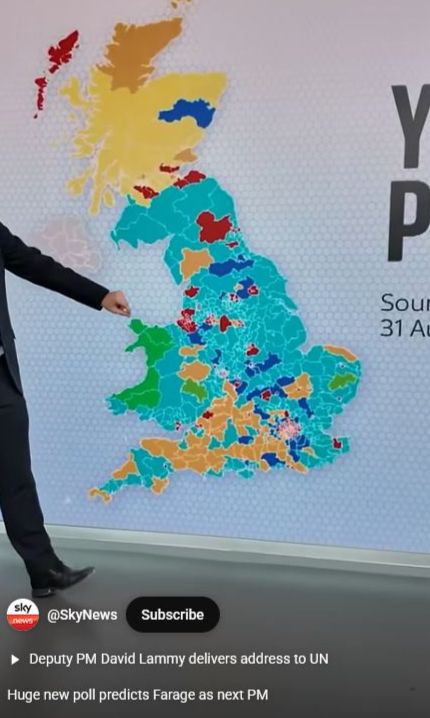 Huge new poll predicts Farage as next UK PM. 

UK map shows a sea of parliamentary seats turning turqoise for reform.