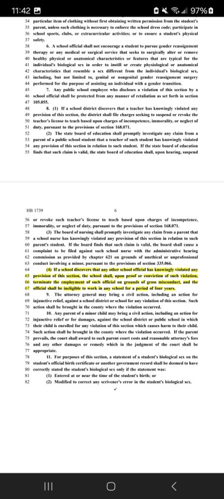 58 (3) The board of nursing shall promptly investigate any claim from a parent that
59 a school nurse has knowingly violated any provision of this section in relation to such
60 parent's student. If the board finds that such claim is valid, the board shall cause a
61 complaint to be filed against such school nurse with the administrative hearing
62 commission as provided by chapter 621 on grounds of unethical or unprofessional
63 conduct involving a minor, pursuant to the provisions of section 335.066.
64 (4) If a school discovers that any other school official has knowingly violated any
65 provision of this section, the school shall, upon proof or conviction of such violation,
66 terminate the employment of such official on grounds of gross misconduct, and the
67 official shall be ineligible to work in any school for