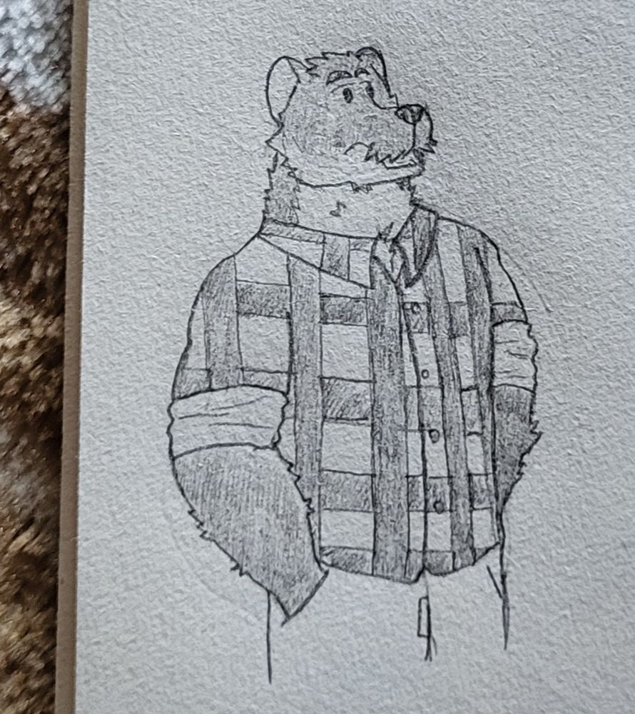 Illustration of a stout, mustelid-man (a musteline, to be precise) with a somewhat shabby coat (the fur that is).

One hand's tucked in his pocket while the other's... I guess slouching out of view.