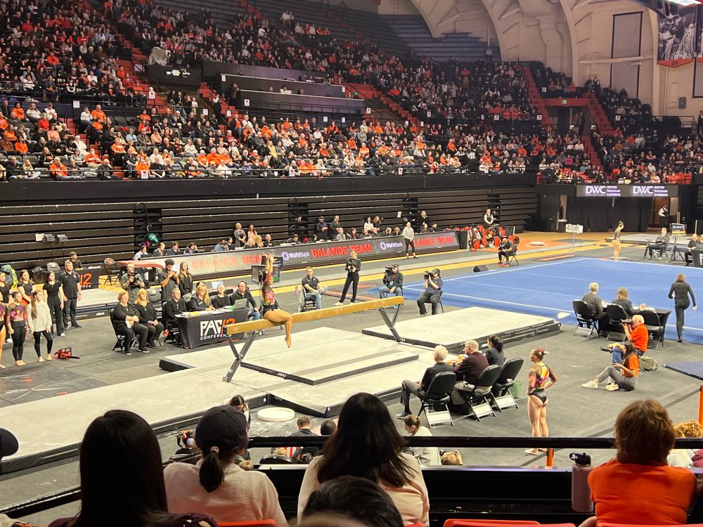 Jennifer McMillan on beam. Oregon State women's gymnastics vs San Jose State in Gill Coliseum Friday 17th January.
