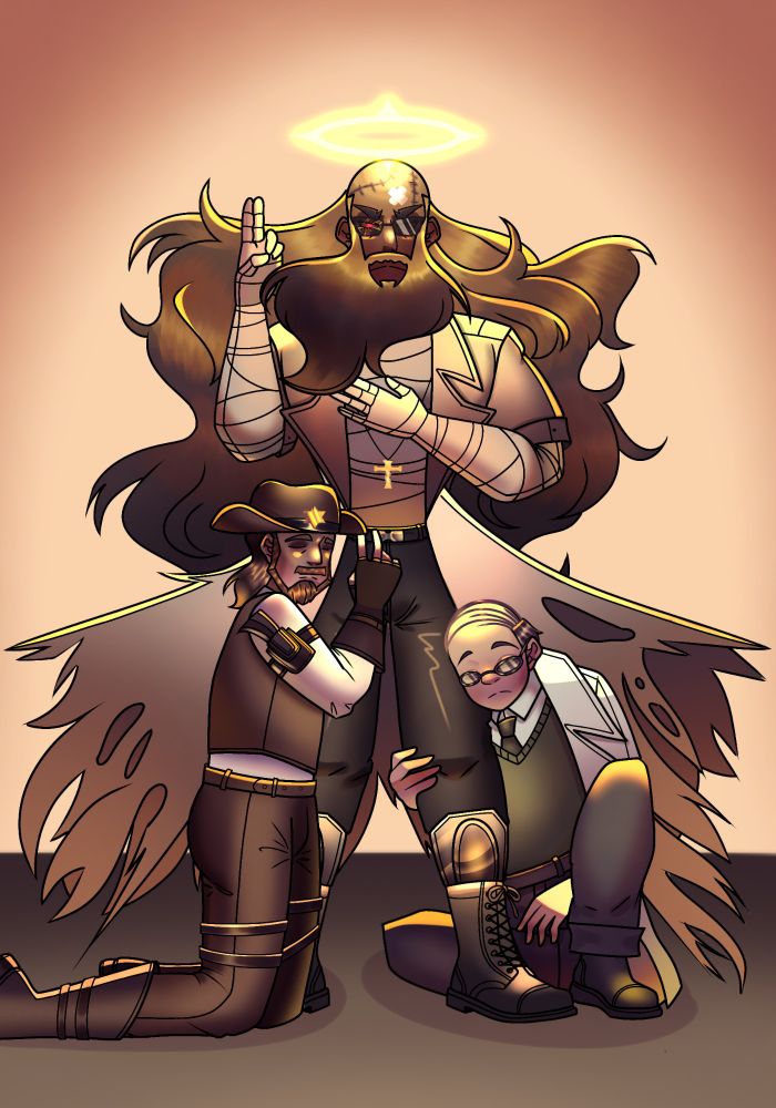 Jebus from Madness Combat standing, one of His hands on His chest, the other holding two fingers Up. His hair is flowing in the wind.
At his feet, the sheriff is kneeling, his hand resting in jeb's leg, at his right . Hoffnar, at his left, is sitting, leaning into jeb's leg. They're all coated in a warm yellow light coming from jeb's halo