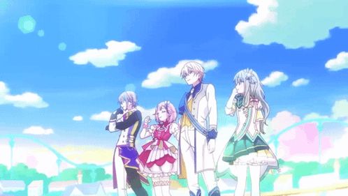 a group of anime characters are standing in front of a blue sky with clouds