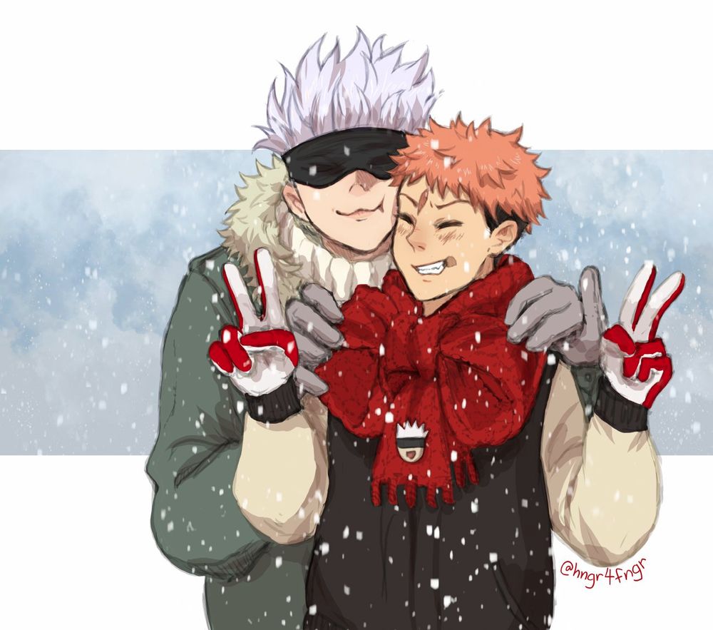 goyuu, yuuji giving double peace signs wearing the gojo scarf with gojo behind him