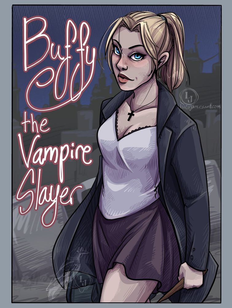 Poster design of Buffy the Vampire Slayer wearing skirt, cross necklace, Angel's jacket, and carrying a stake.