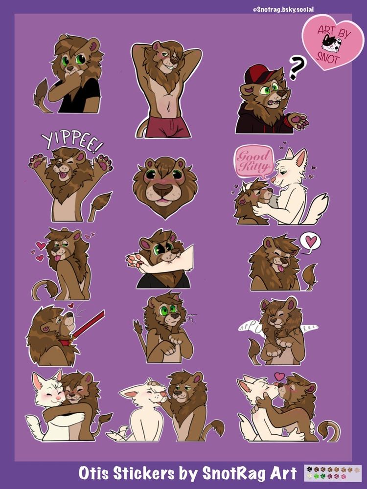 A sticker pack for Telegram featuring 15 stickers of an anthropomorphic Lion named Otis. The sticker pack also includes a color palette and text that reads: "Otis stickers by SnotRagArt" 

Inquisitive lion, Flexing lion, question lion, yippee lion, blush Lion, lion with YCH saying "Good Kitty", Flirty Lion, Chomping Lion, Heart Lion , Lion on leash, Shocked Lion , Purr Lion , Hugging Lion, Pats lion, kissy Lion 