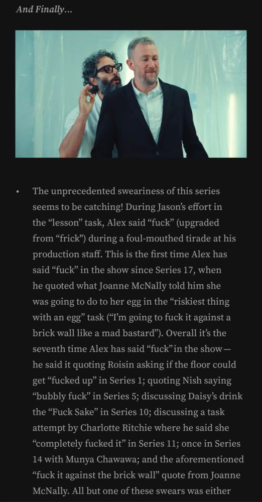 The unprecedented sweariness of this series seems to be catching! During Jason’s effort in the “lesson” task, Alex said “fuck” (upgraded from “frick